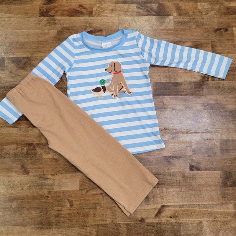 puppy embroidered blue striped khaki pantsuit for boys blue animal pattern casual cotton clothing set